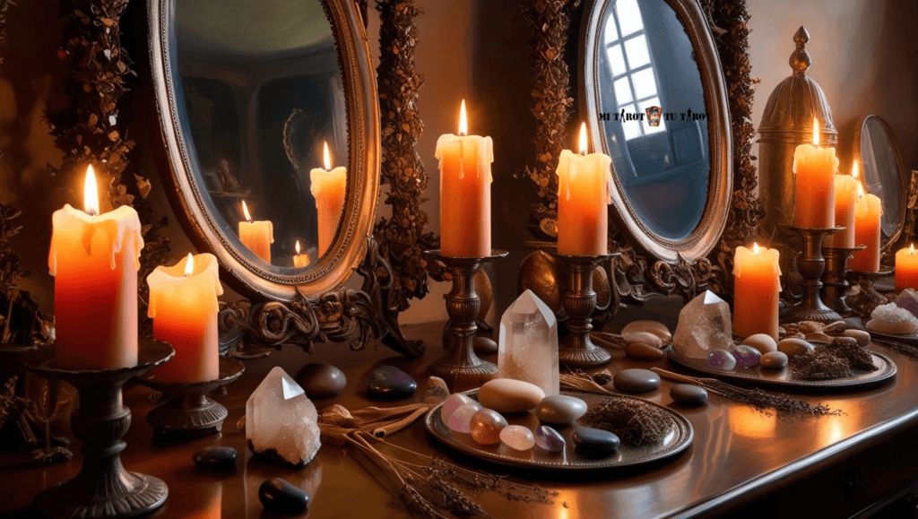 Tocador decorado con múltiples velas encendidas, cristales de cuarzo, piedras espirituales y espejos ovalados