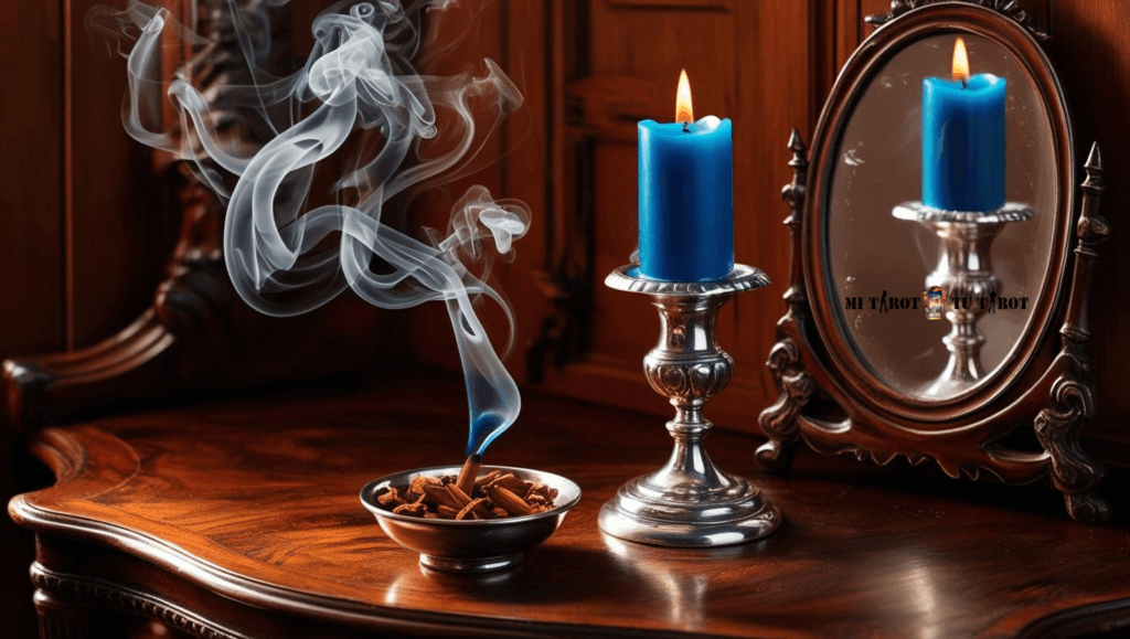 Incienso humeante junto a una vela azul encendida y un espejo de mesa redondo sobre un mueble de madera.