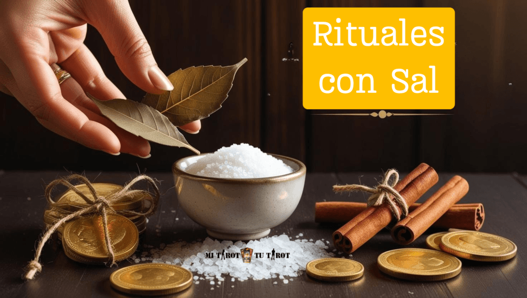 Mano colocando hojas de laurel en un cuenco con sal marina, rodeado de monedas y ramas de canela.