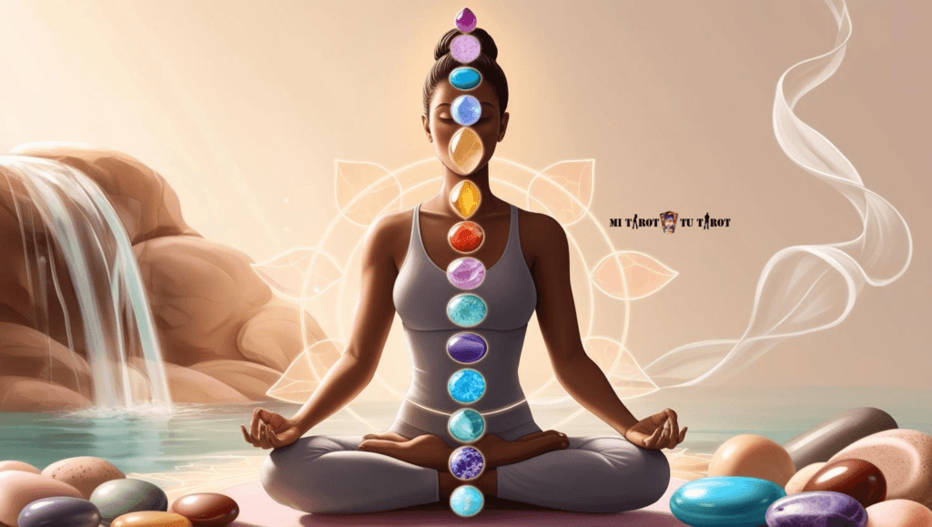Persona en postura de meditación rodeada de cristales y piedras espirituales para la introspección personal.