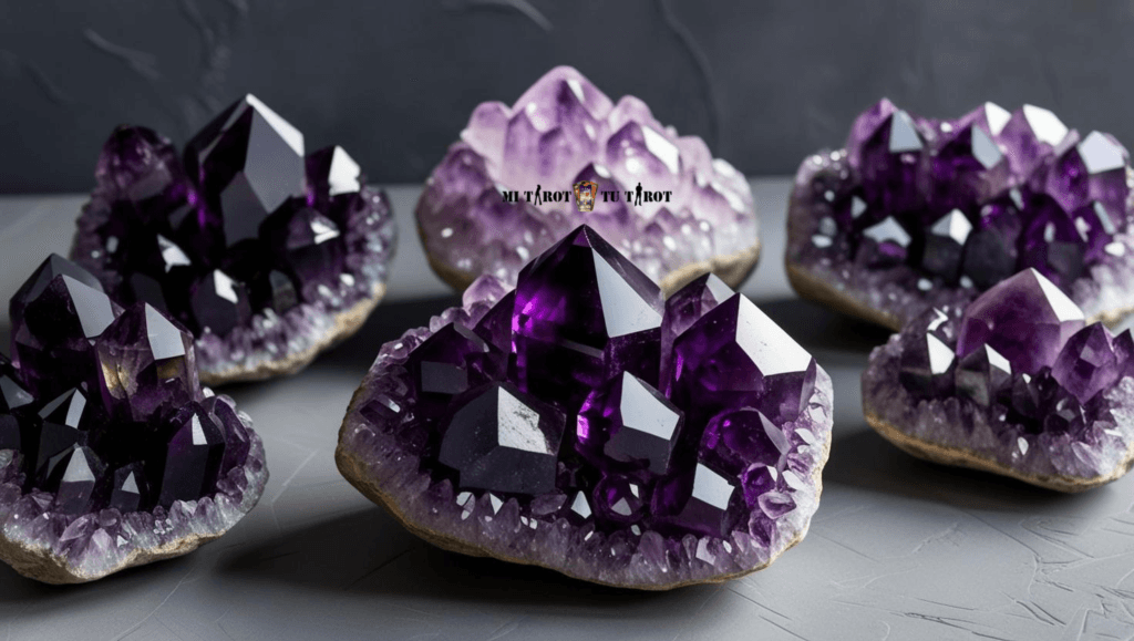 Piedras espirituales de amatista violeta en bruto utilizadas en ejercicios de meditación activa para transmutar el estrés.
