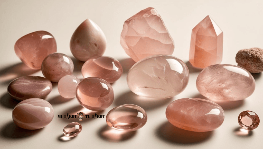 Conjunto de piedras espirituales de cuarzo rosa pulido utilizadas como arquetipo mineral para la aceptación afectiva.