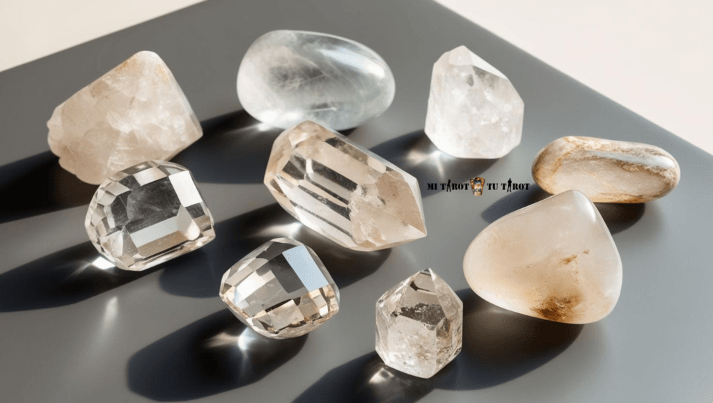 Cristales de cuarzo transparente facetado sobre fondo gris utilizados como soporte analógico para el bienestar integral