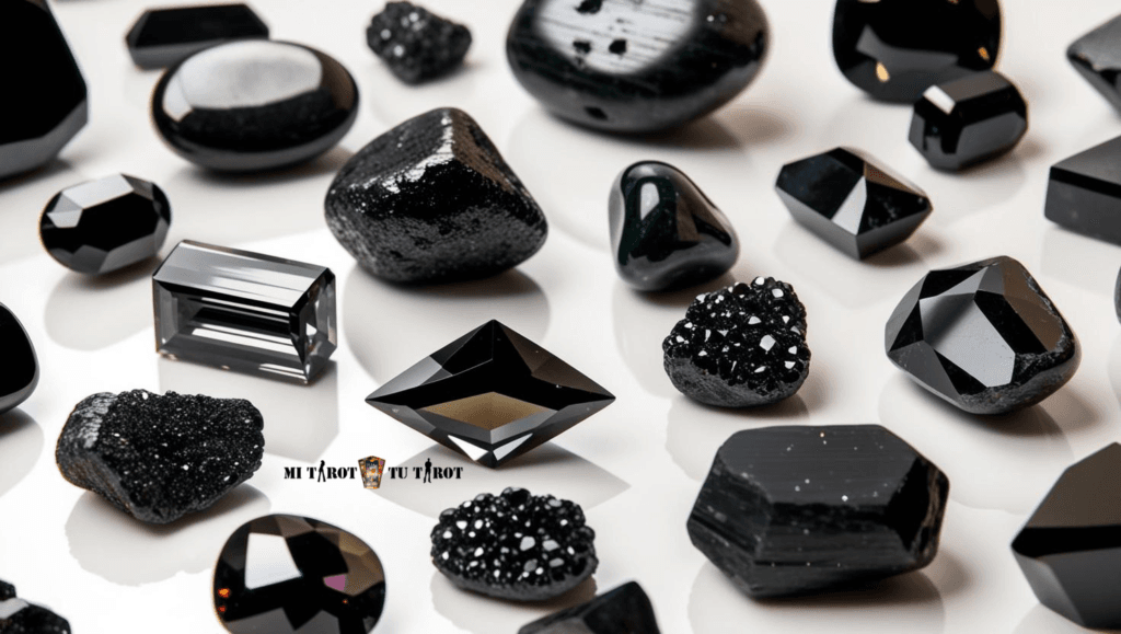Piedras espirituales negras y turmalinas facetadas dispuestas como símbolos de arraigo y estabilidad emocional.