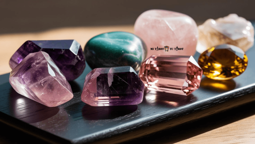Conjunto de cristales naturales organizados para una sesión privada de guía espiritual enfocada al desarrollo interior.