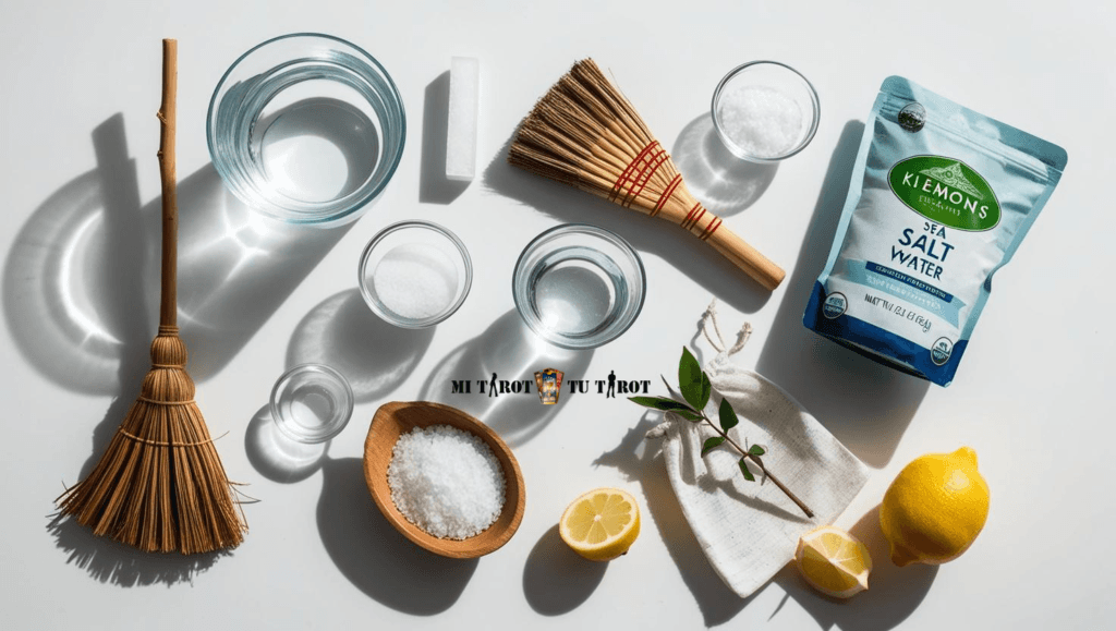 Materiales de ordenación ambiental con escobas de paja, limones, vasos de agua y cuencos con sal marina.