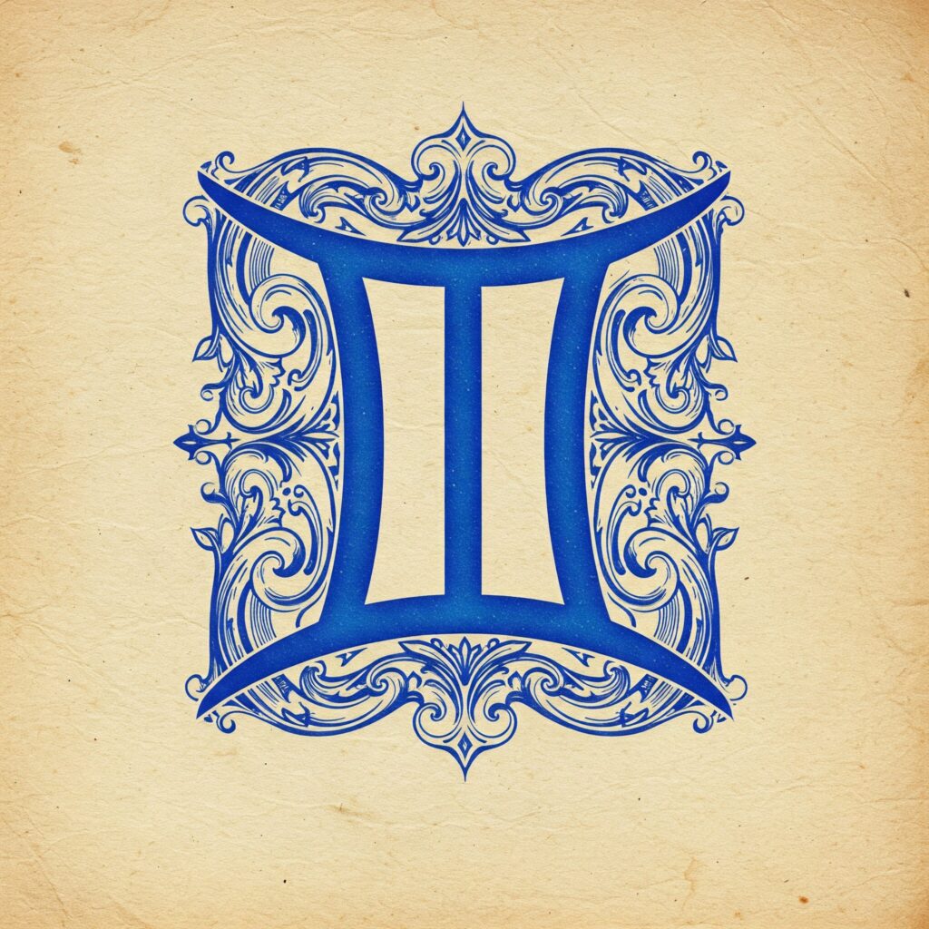 Ilustración lineal del símbolo de Géminis en color celeste para el análisis de psicología arquetípica.