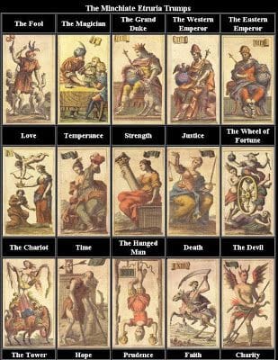 Ilustración antigua del mapa de Etruria y las primeras cartas impresas del Tarot de Minchiate.