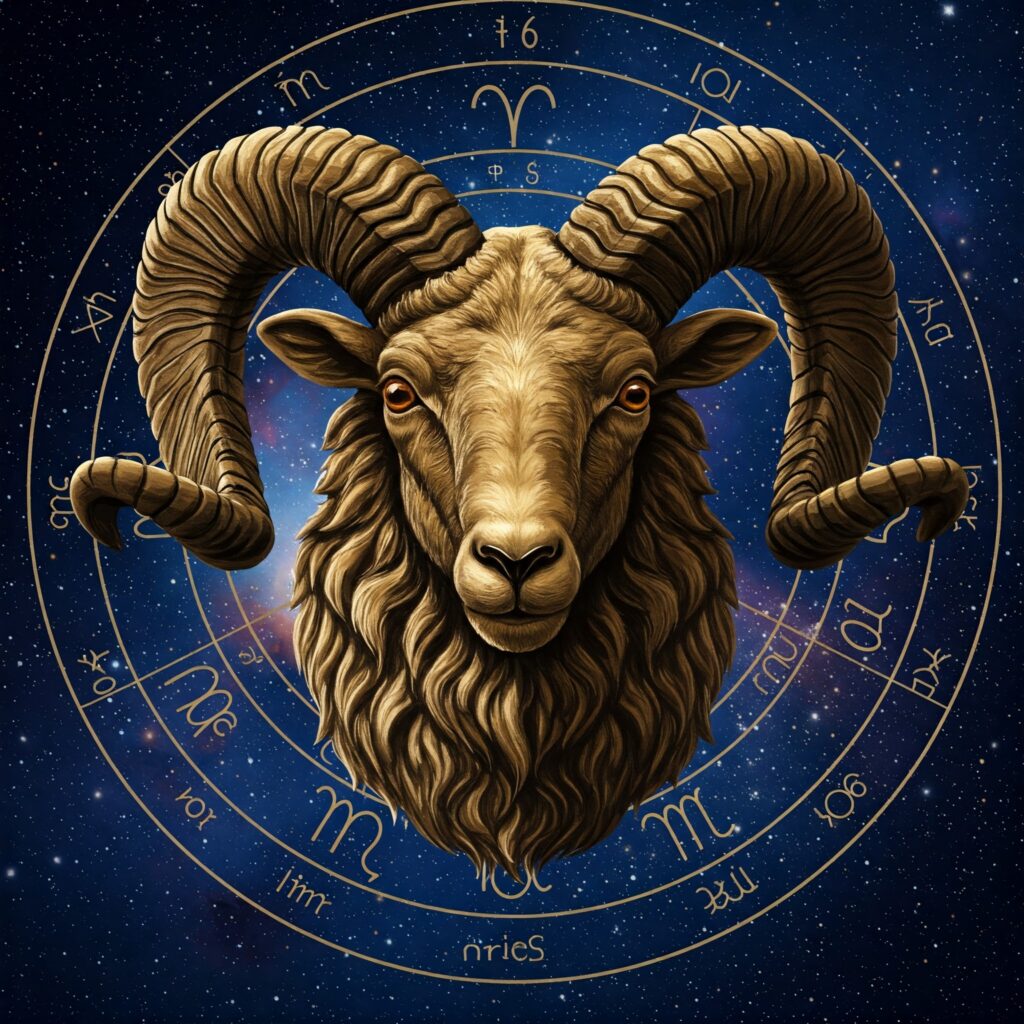Ilustración del carnero dorado representando el arquetipo de Aries signo de fuego.