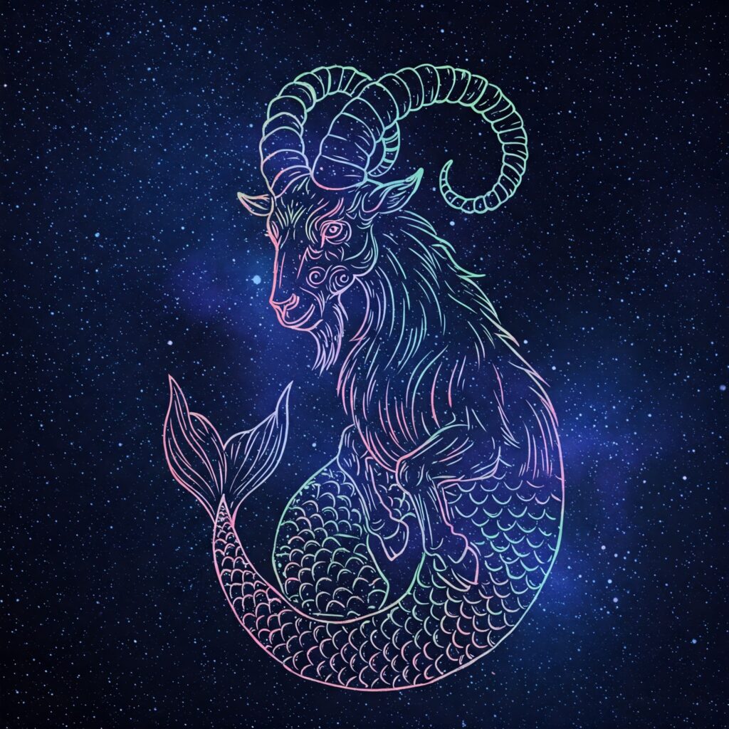 Ilustración del arquetipo de la cabra marina correspondiente a Capricornio signo de tierra.