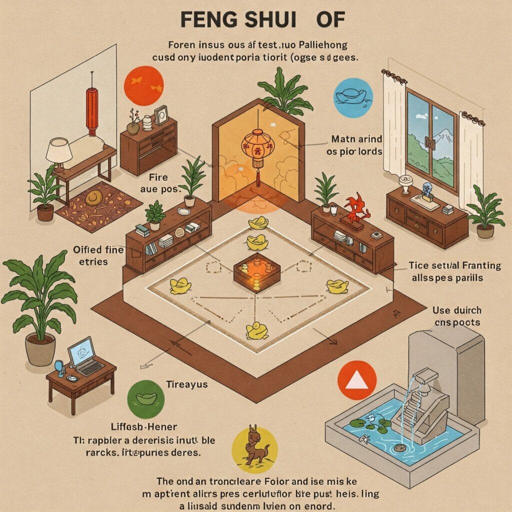 Gráfico simbólico que muestra la distribución equilibrada de un hogar según el feng shui evolutivo para el crecimiento personal.