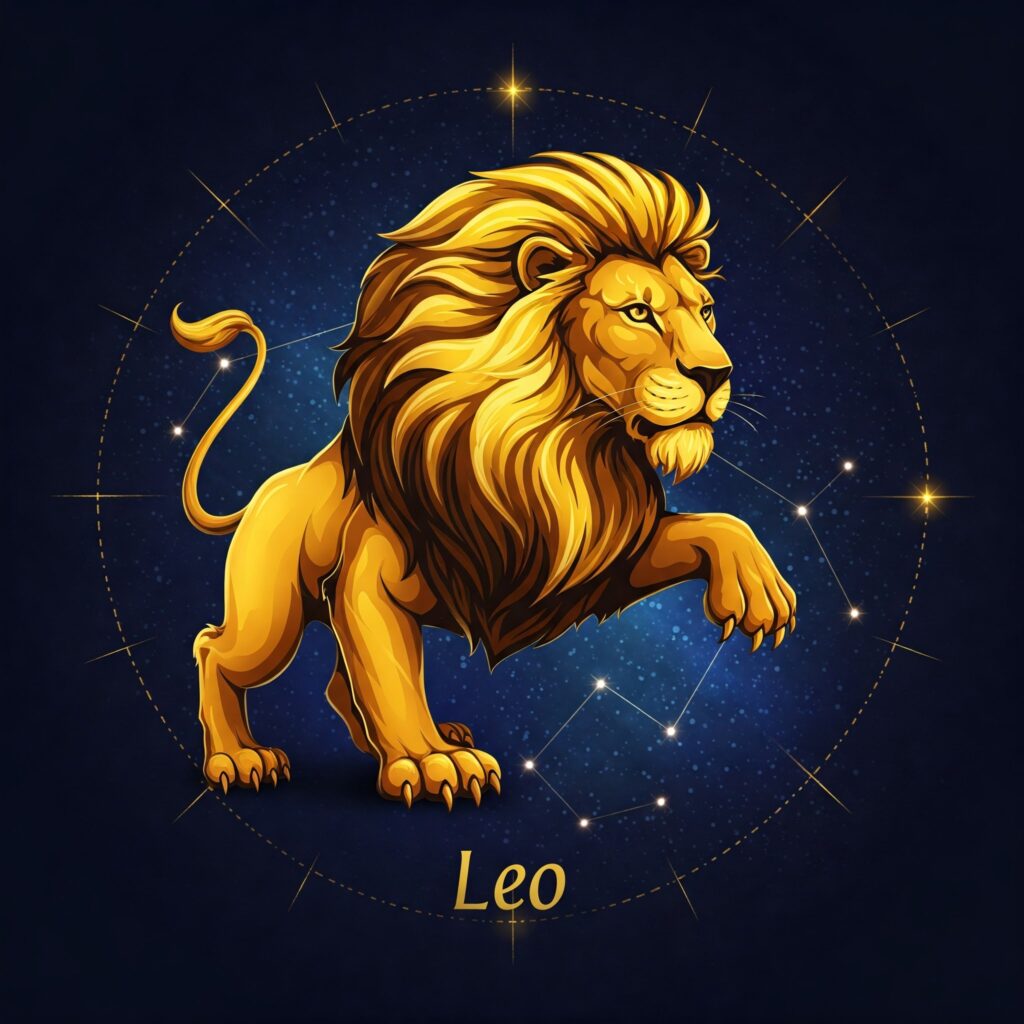 Ilustración del arquetipo del león dorado correspondiente a Leo signo de fuego.