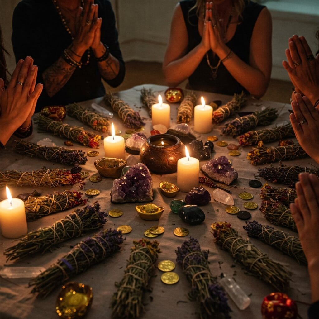 Primer plano de varias personas con las manos en posición de oración reunidas alrededor de un altar circular con velas encendidas, ramilletes de hierbas atadas y cristales.