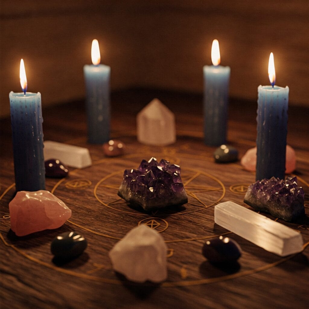 Rituales de abundancia con Cuatro velas azules encendidas dispuestas en círculo sobre una superficie de madera oscura, rodeando una drusa de amatista, una barra de selenita y varios cuarzos en puntas.