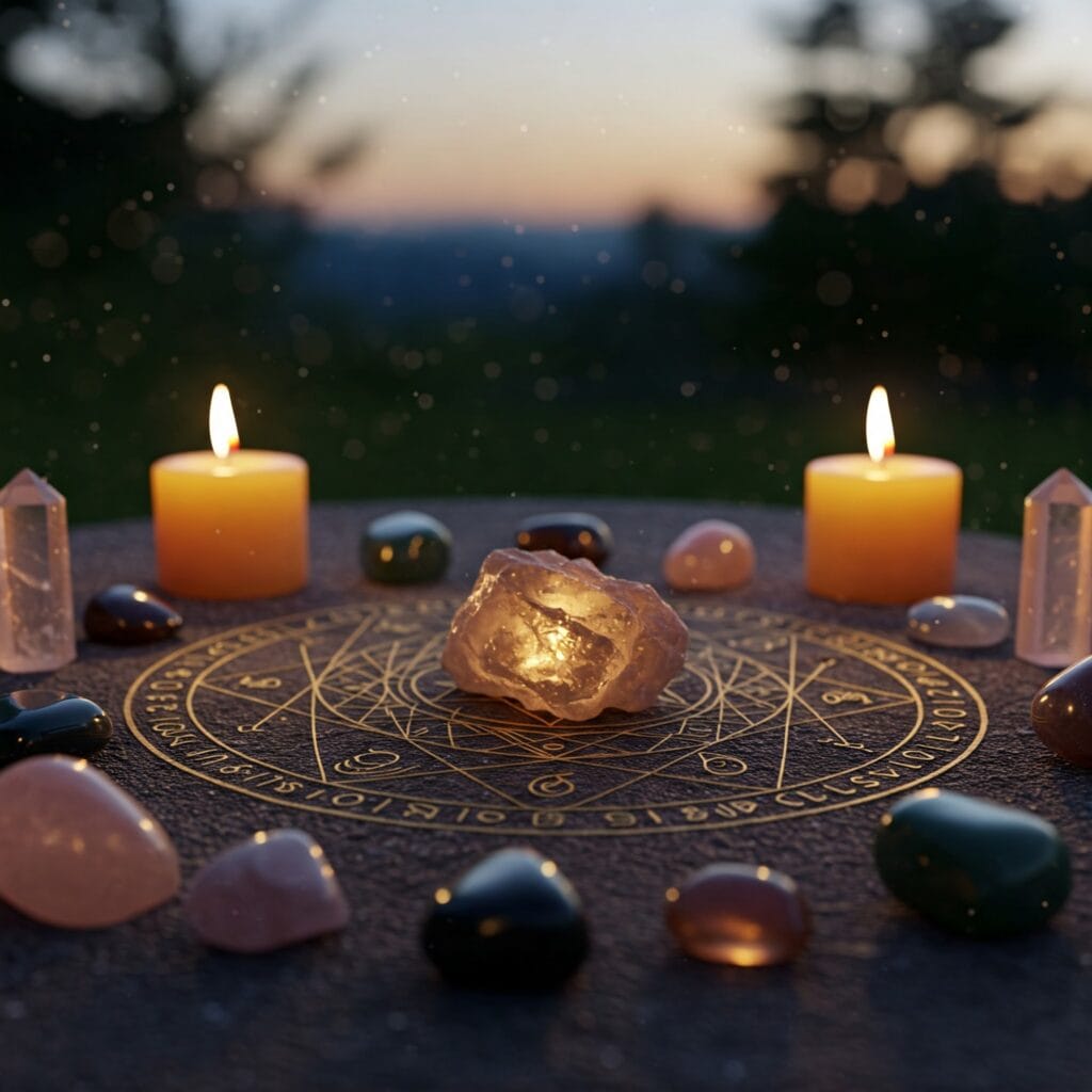 Velas naranjas encendidas en mesa exterior con cuarzos, amatistas y un mandala