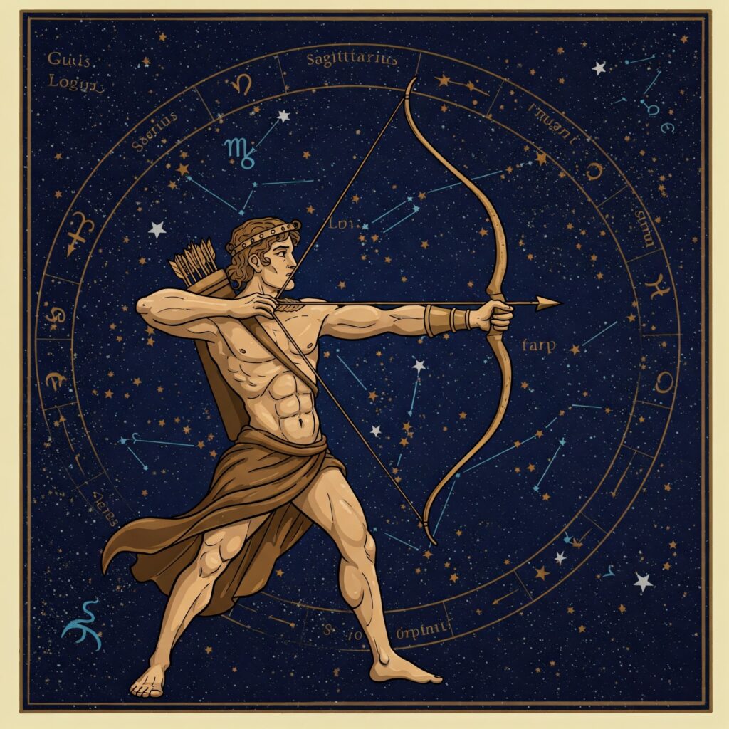 Ilustración del arquetipo del arquero apuntando al cielo correspondiente a Sagitario signo de fuego.
