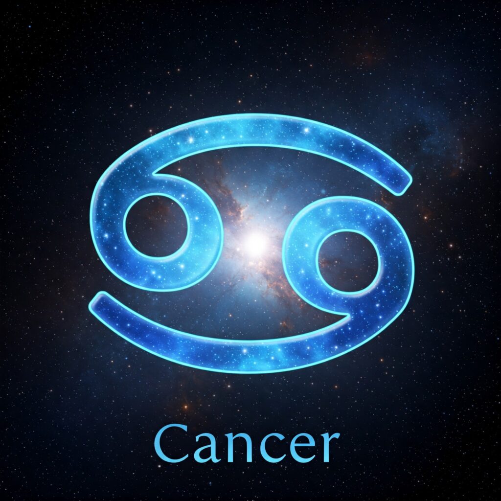 Ilustración con el símbolo de Cáncer iluminado sobre fondo oscuro para el análisis de psicología arquetípica.
