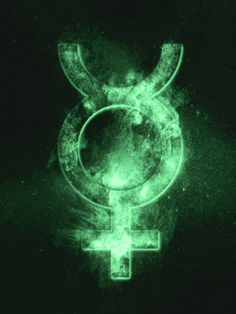 Representación lineal del signo de Mercurio en color verde esmeralda utilizado para evaluar las tendencias naturales.