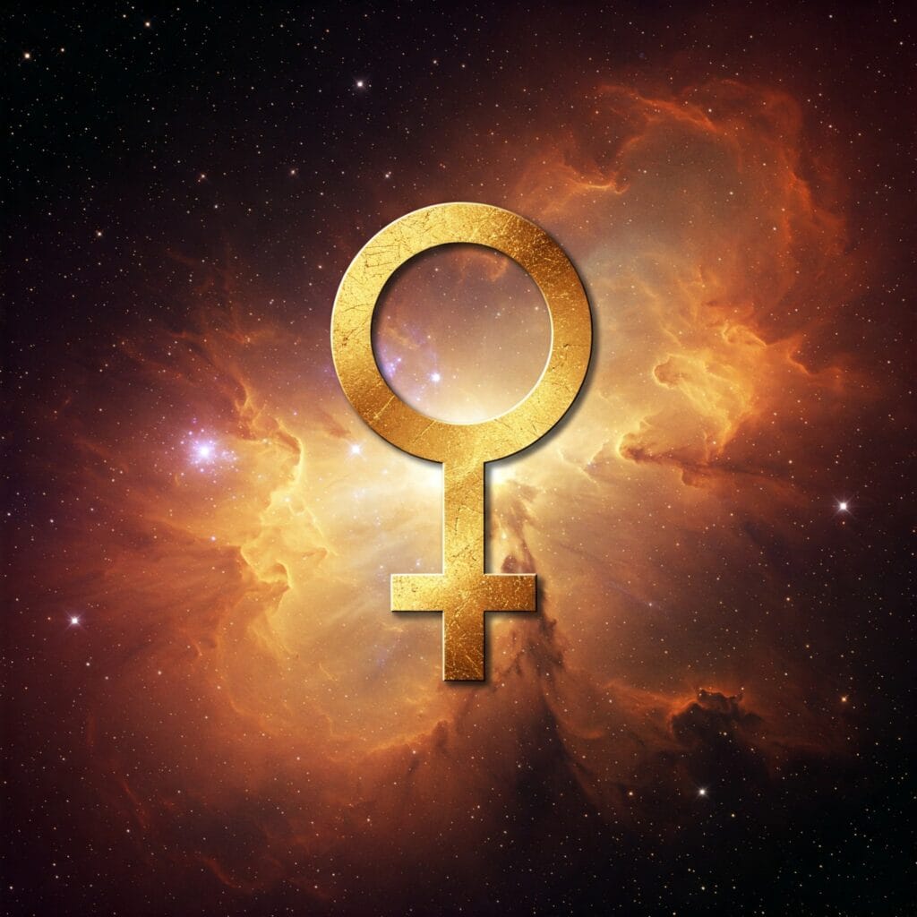 Representación artística del signo de Venus envuelto en nubes cósmicas para evaluar las tendencias naturales