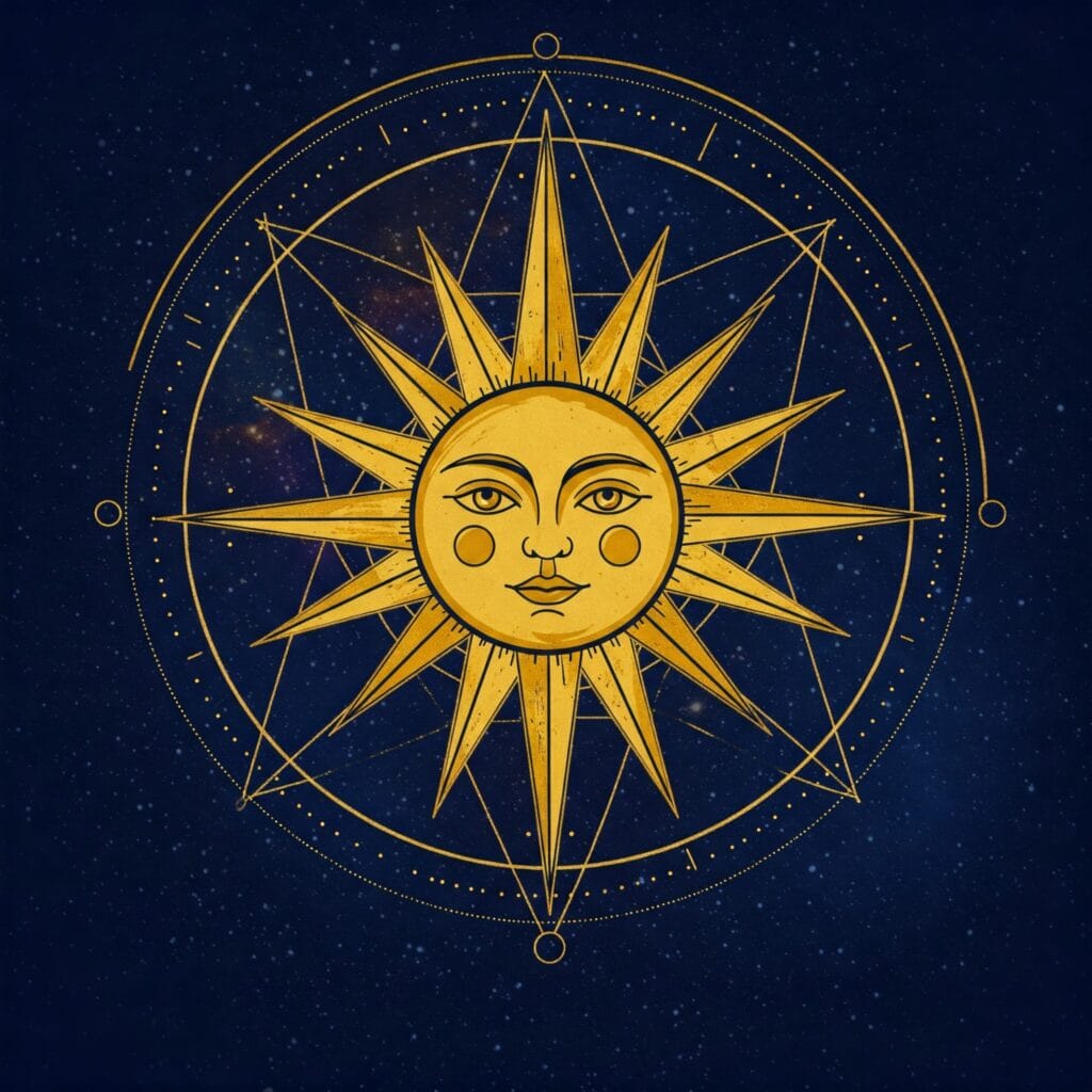 Ilustración con el arquetipo del Sol en un diseño geométrico circular para el análisis de psicología arquetípica.