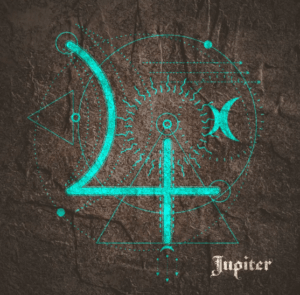 Ilustración con el arquetipo de Júpiter en líneas de neón azul turquesa sobre fondo oscuro para el análisis de psicología arquetípica.