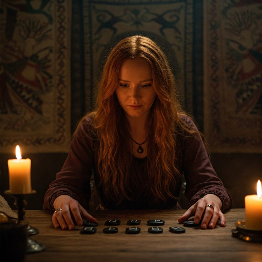 Mujer de cabello largo concentrada en una lectura espiritual entre velas