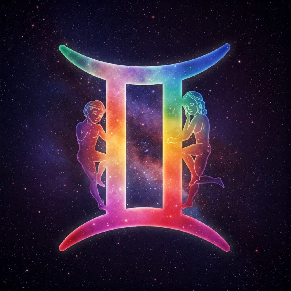 Glifo de Géminis estilizado sobre un fondo de galaxia multicolor para introspección y guía espiritual.