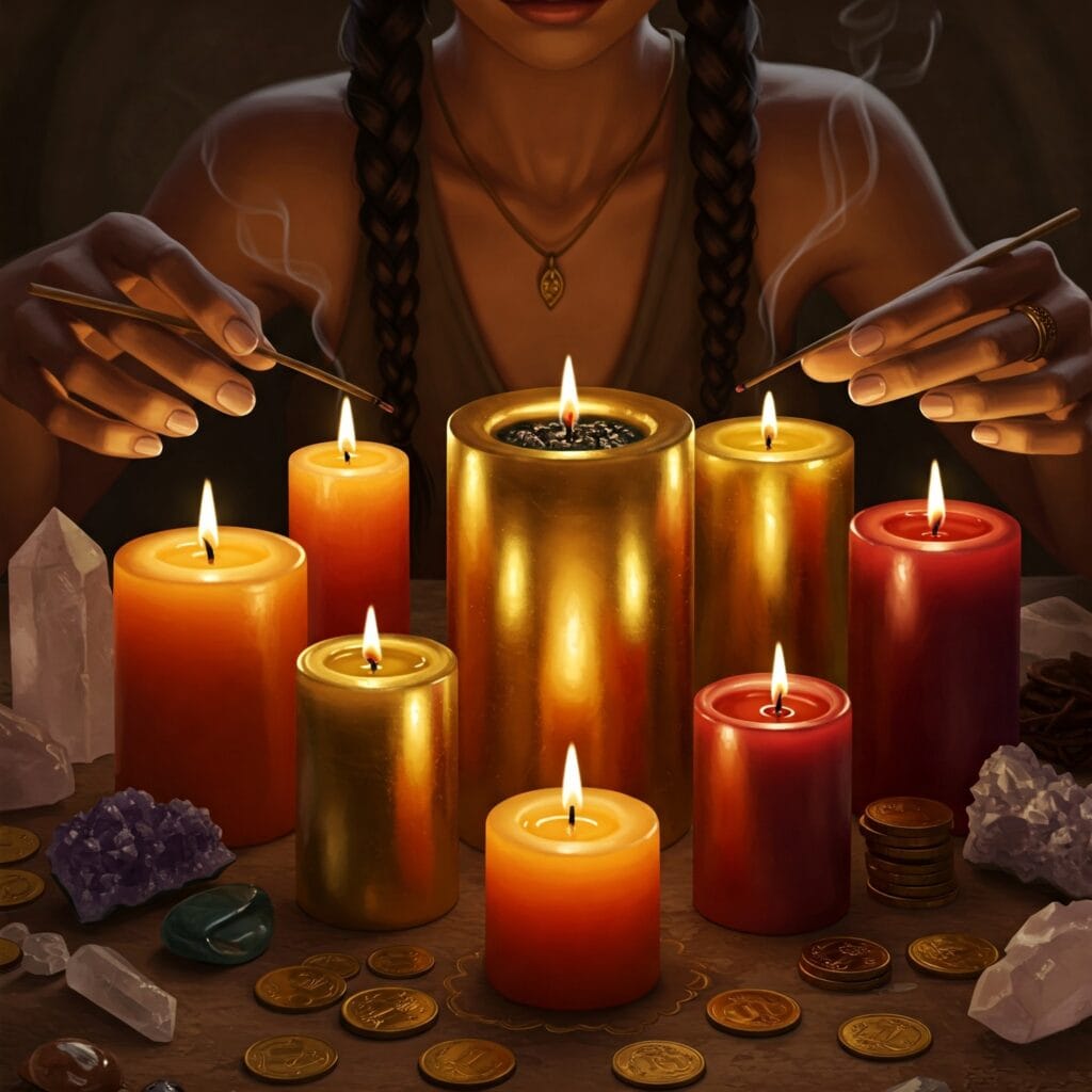 Disposición de velas encendidas utilizadas como soporte visual para reducir el estrés.