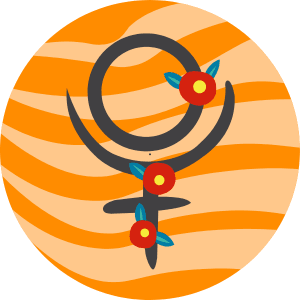 Representación minimalista del signo de Plutón sobre un fondo circular de ondas naranjas utilizado para evaluar las tendencias naturales.