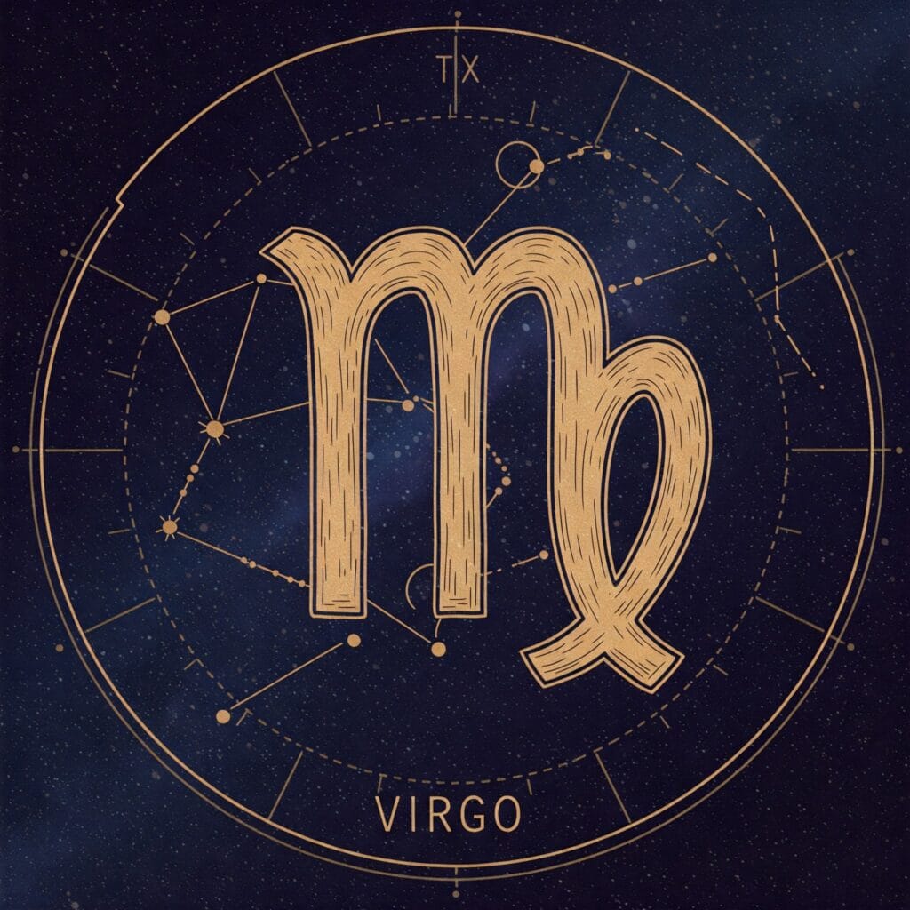 Ilustración con el arquetipo de Virgo sobre fondo estrellado para el análisis de psicología arquetípica.